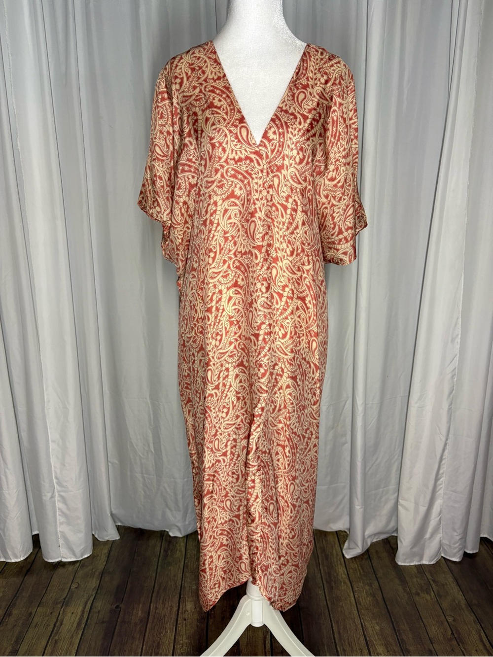 Zara Terracota and Cream Paisley Maxi Tunic Dress Size XS